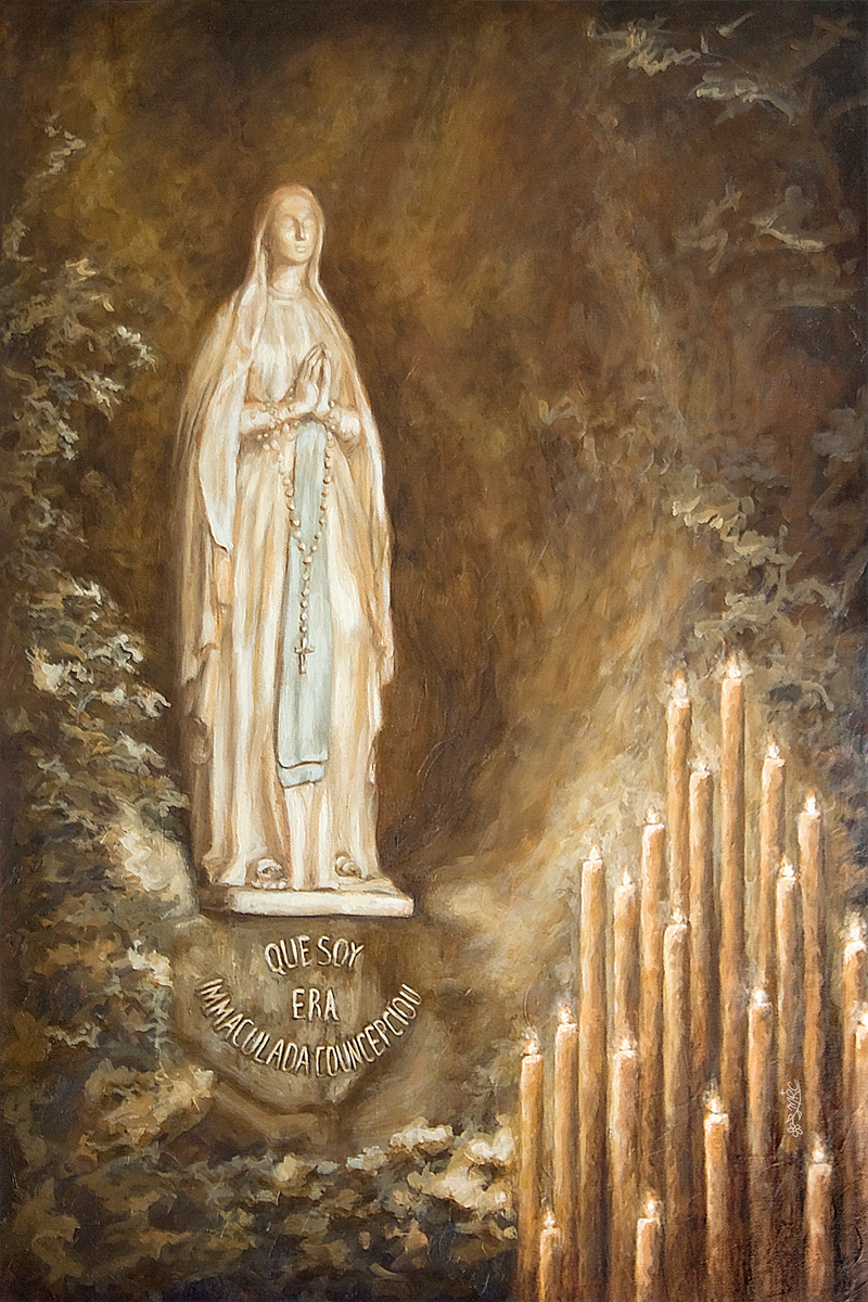 Painting of Our Lady of Lourdes with candles in grotto by Catholic Artist Maria Rangel Cardenas