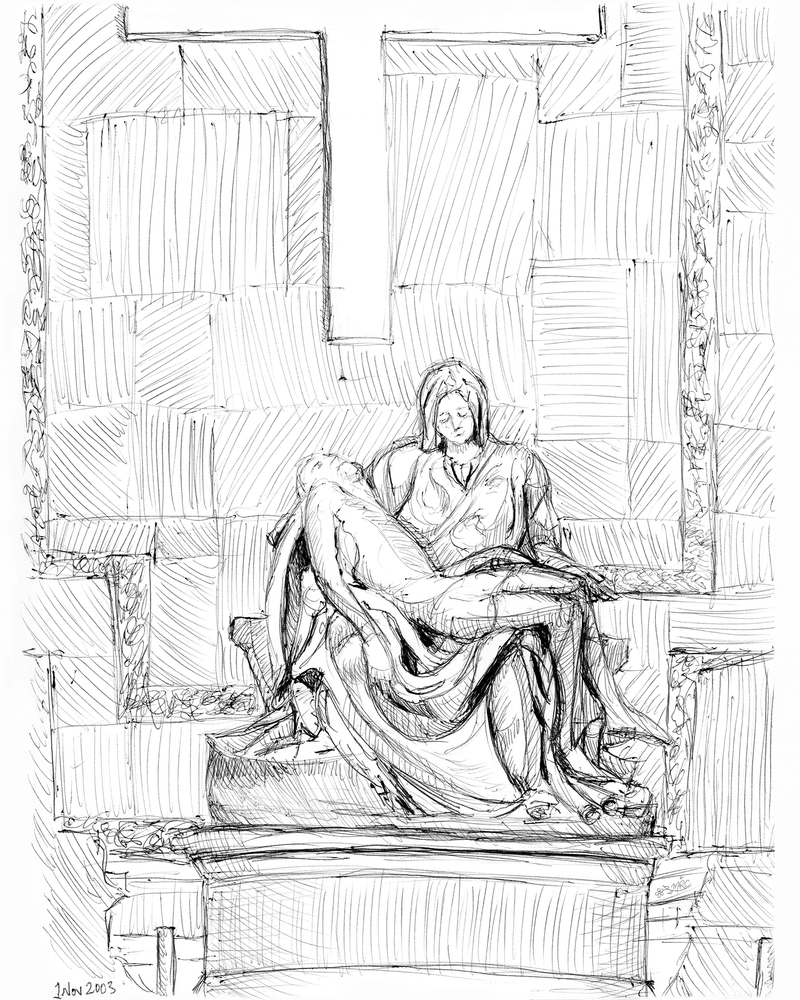 Pieta pen drawing by Catholic Artist Maria Rangel Cardenas