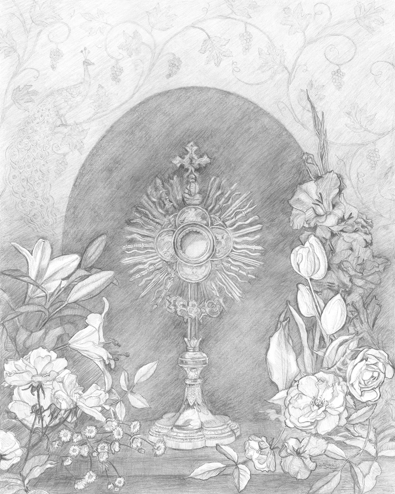 Seek His Face drawing of the Eucharist in the monstrance by Sacred Artist Maria Rangel Cardenas
