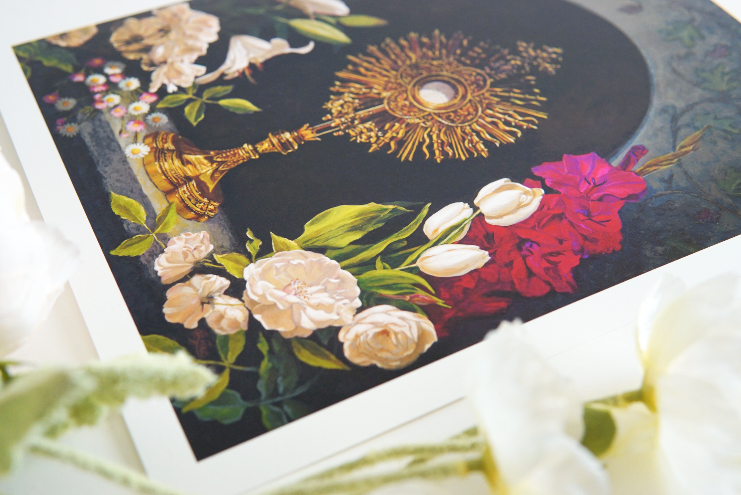 Eucharistic devotion painting by contemporary Sacred Artist Maria Rangel Gardenas