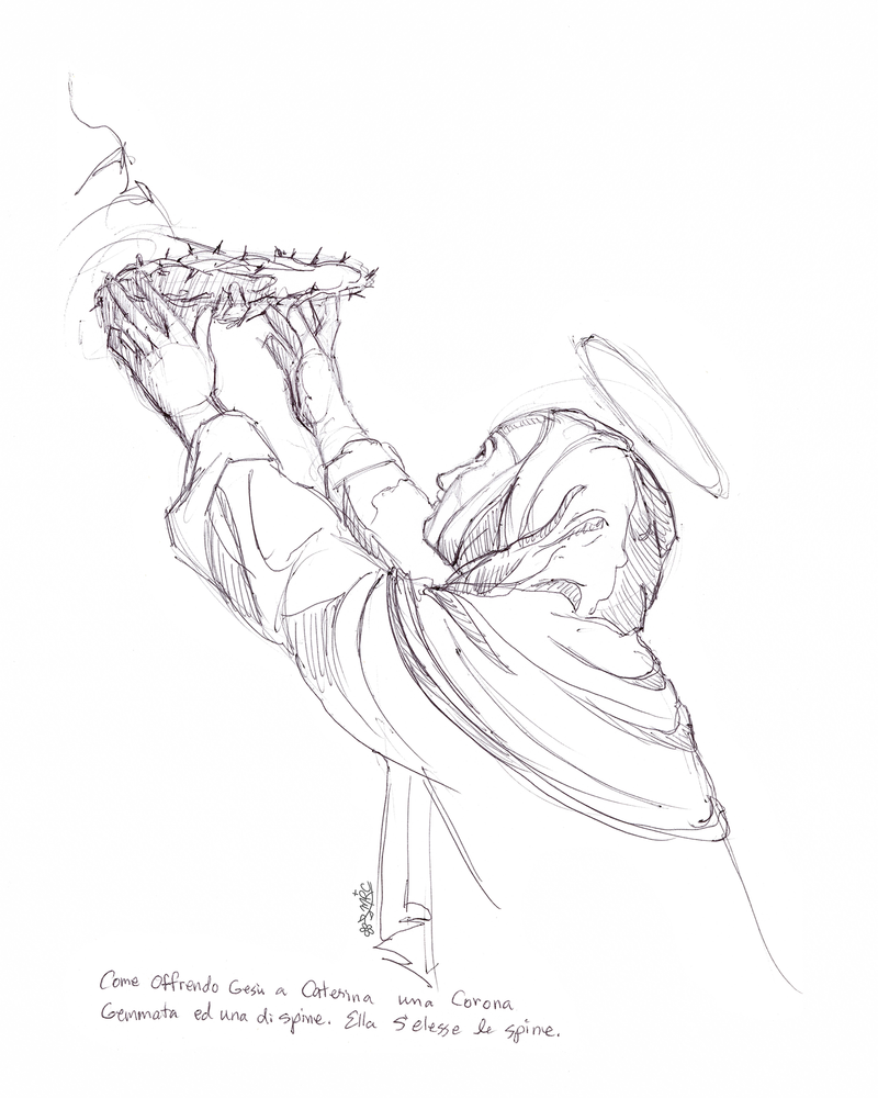 Saint Catherine of Siena pen drawing by Catholic Artist Maria Rangel Cardenas