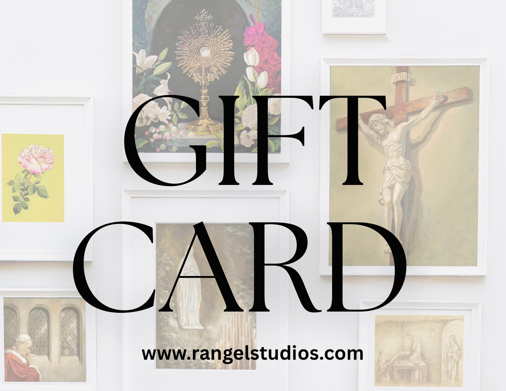 Promotional image for Rangel Studios gift card with artistic prints in the background.