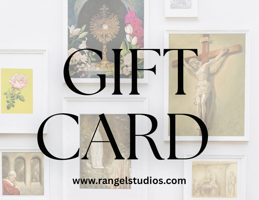 Promotional image for Rangel Studios gift card with artistic prints in the background.
