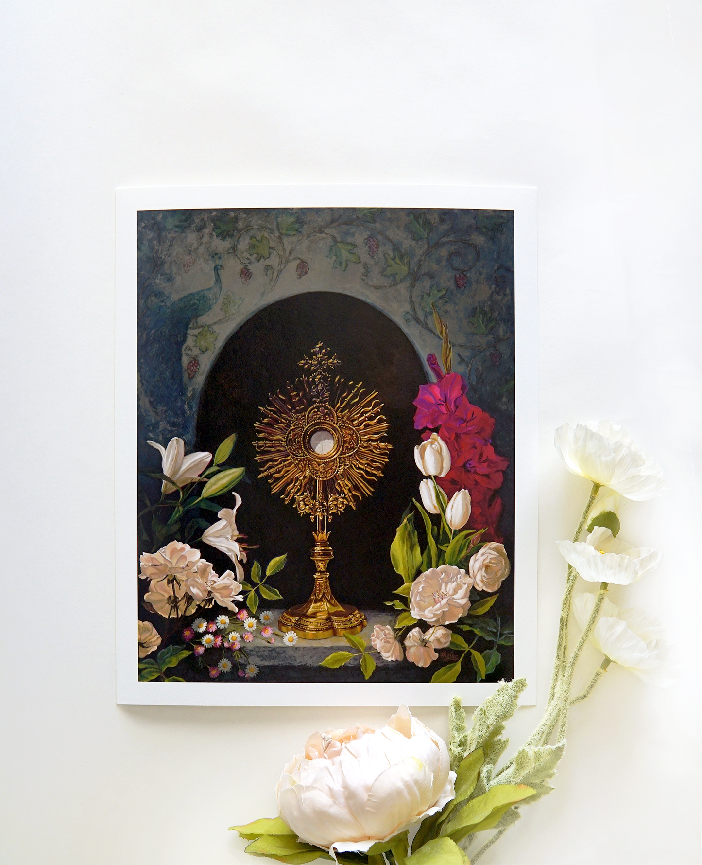 Decorative print of an original Sacred Art Painting with the Monstrance and flowers on a white background