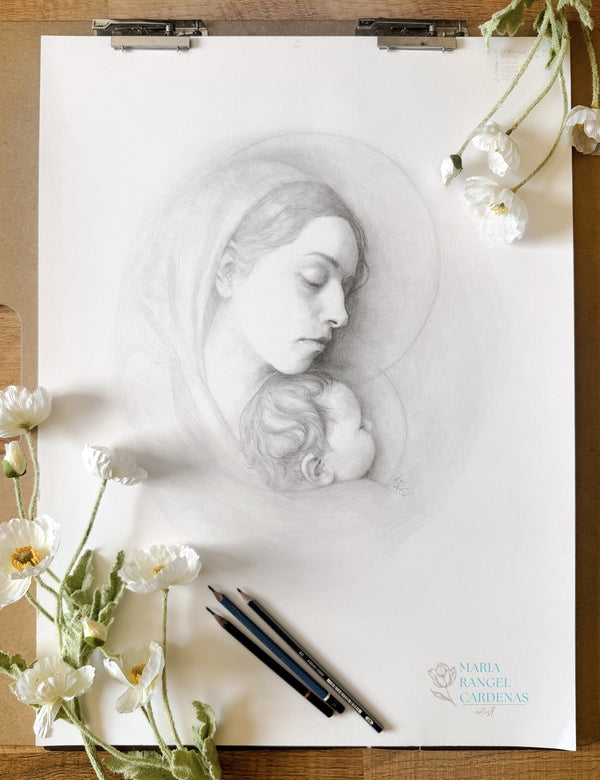 Pencil Drawing of the Madonna and Child Jesus by Sacred Artist Maria Rangel Cardenas